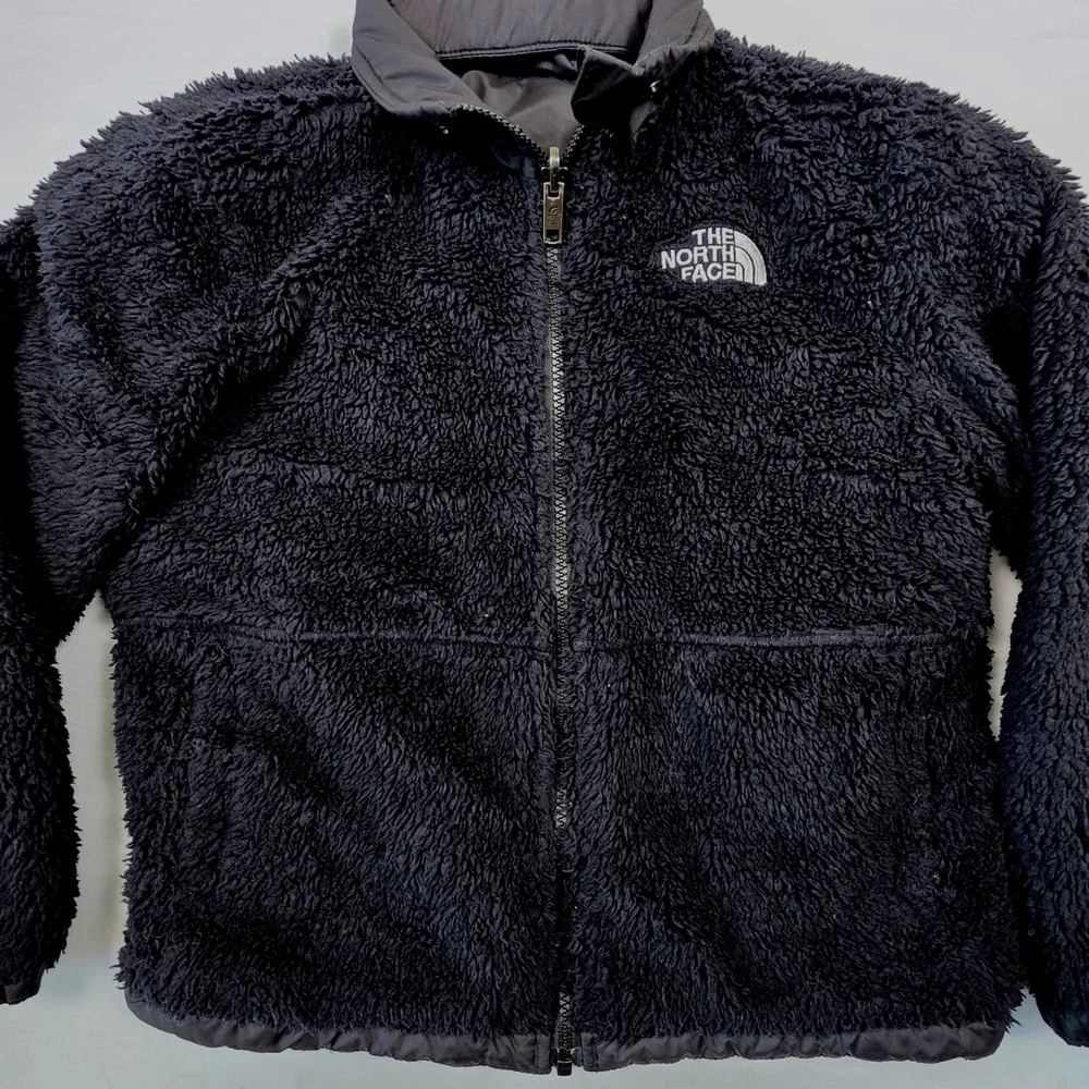 The North Face Reversible Fleece Puffer Jacket Kids Youth Sz L Black Logo Winter